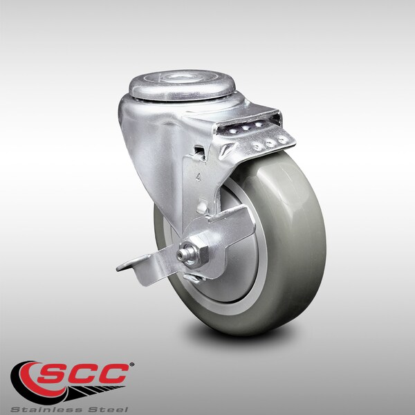 4 Inch SS Gray Polyurethane Wheel Swivel Bolt Hole Caster with Brake SCC